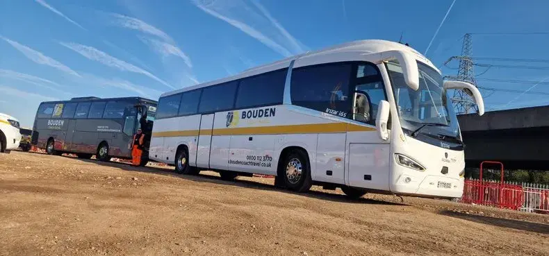 Bouden Coach Travel coaches on-site at the HS2 Bromford Tunnel, Washwood Heath, Birmingham